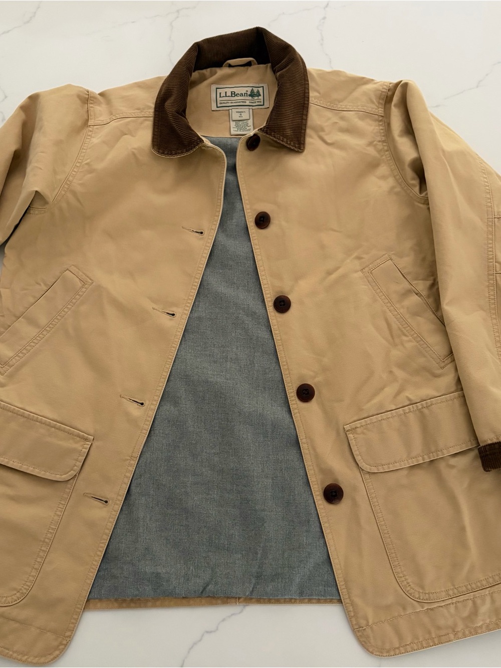 VTG LL Bean S Adirondack Flannel Lined Barn Coat Khaki Corduroy Trim Like New